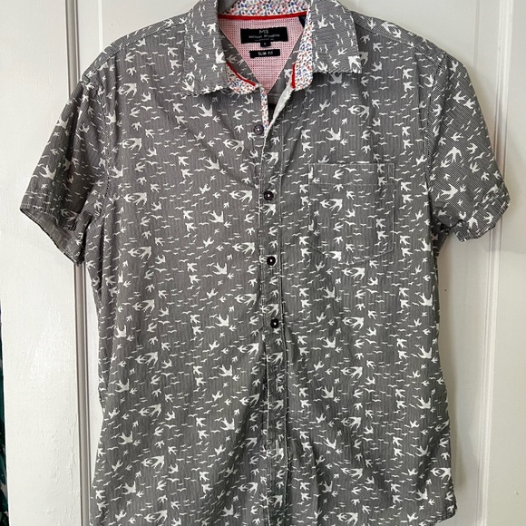 Michael Brandon Other - Gray Bird Patterned Young Men's Shirt Slim Short sleeve button